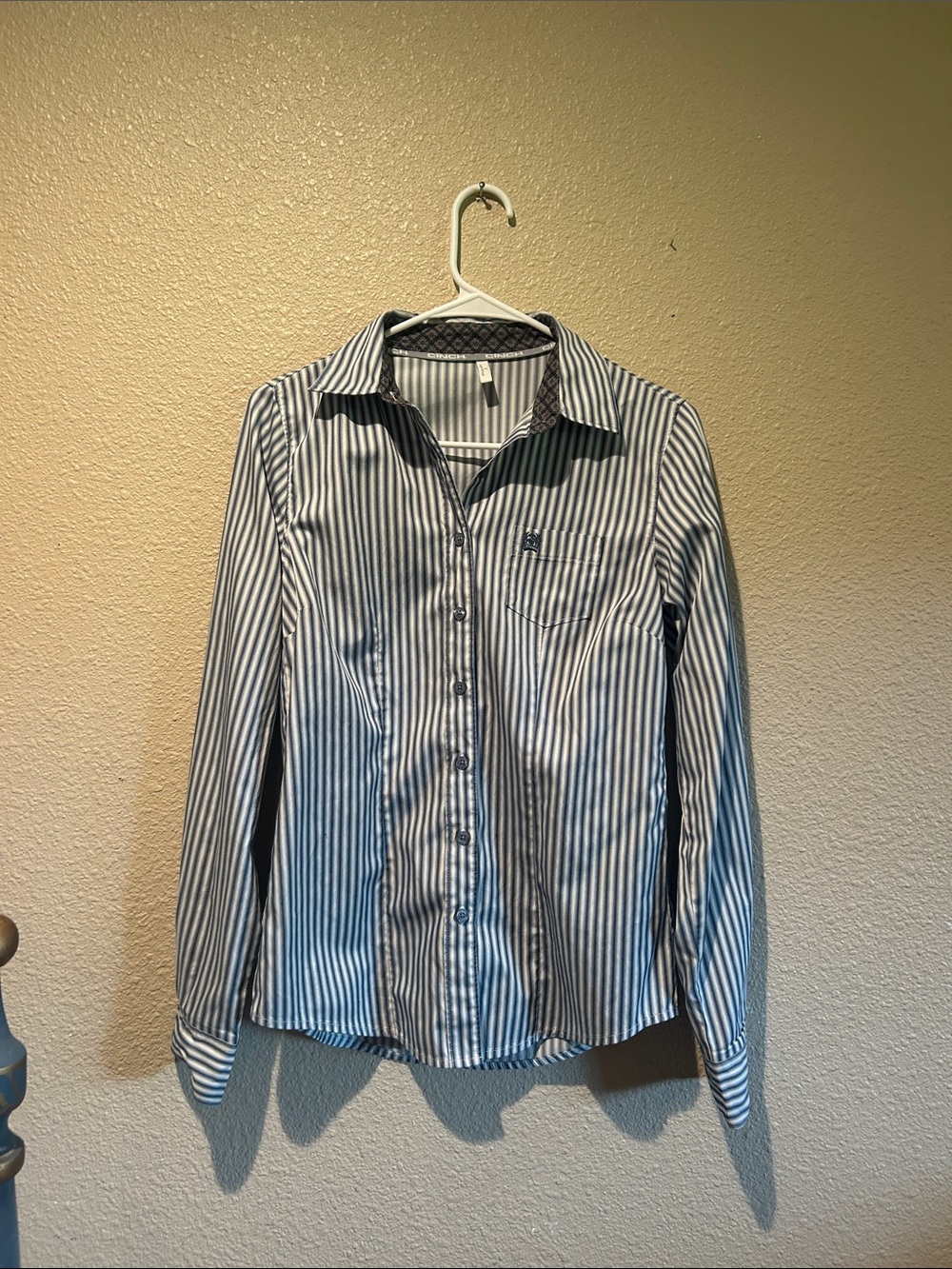 Cinch Striped Button-Up Shirt — Blue and White
